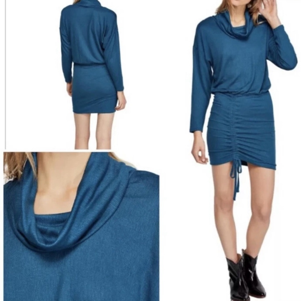 NWT Free People Sundown Dark Green Cowl Neck Ruched Hem Knit Dress XS OB890369